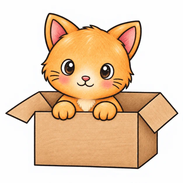 Котёнок в коробке — лёгкий рисунок для детей